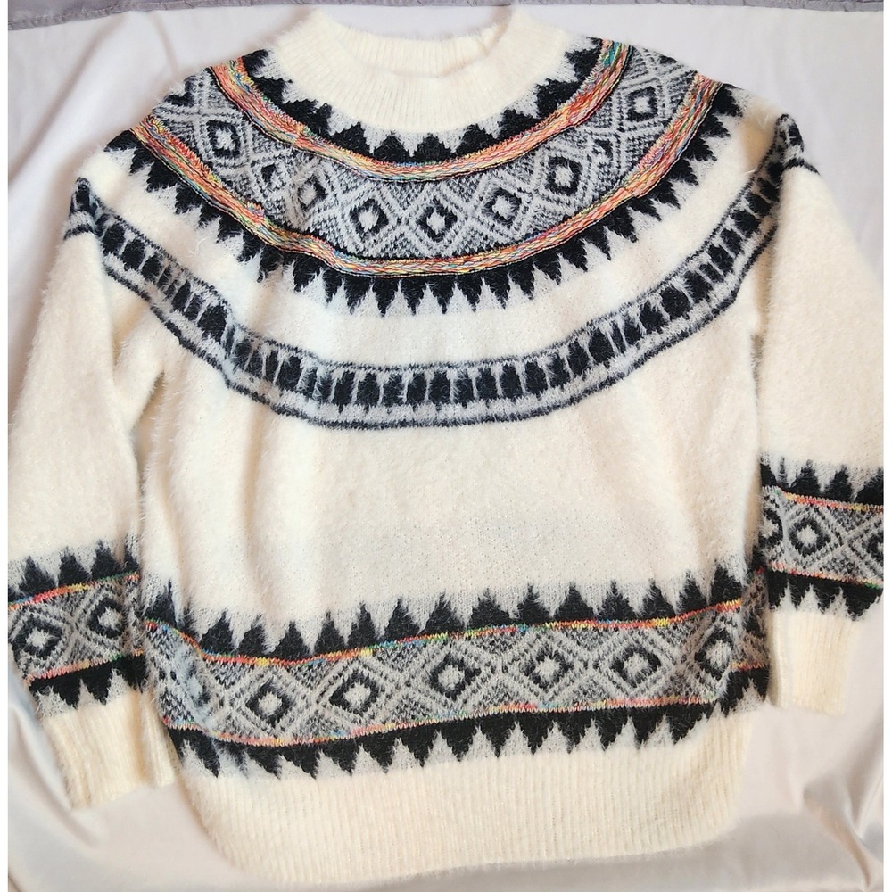 Rain Fuzzy Fair Isle Knit Sweater White Rainbow Black Y2K Apres Ski Pullover